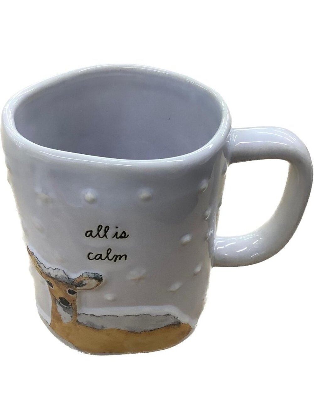 NEW Rae Dunn by Magenta "all is calm" Light Blue Ceramic Mug w/ Deer Scene Large
